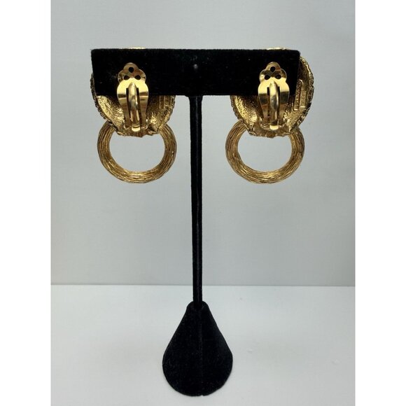 Vintage D’Orlan Gold Tone Lion Head Clip On Earrings Emerald Eyes 2” - Picture 8 of 14